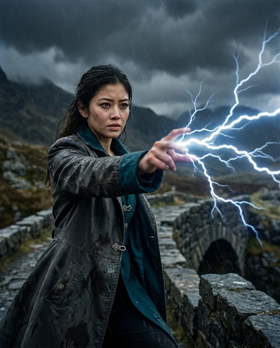 AI-generated lightning · cinematic fantasy action portrait