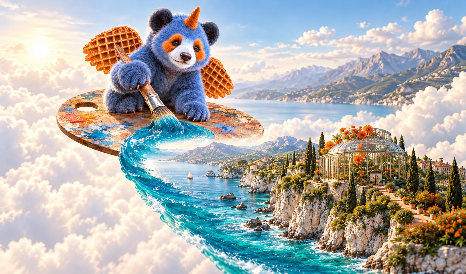 Concept artwork of a blue panda with orange waffle wings painting a turquoise coastline and glass conservatory into existence